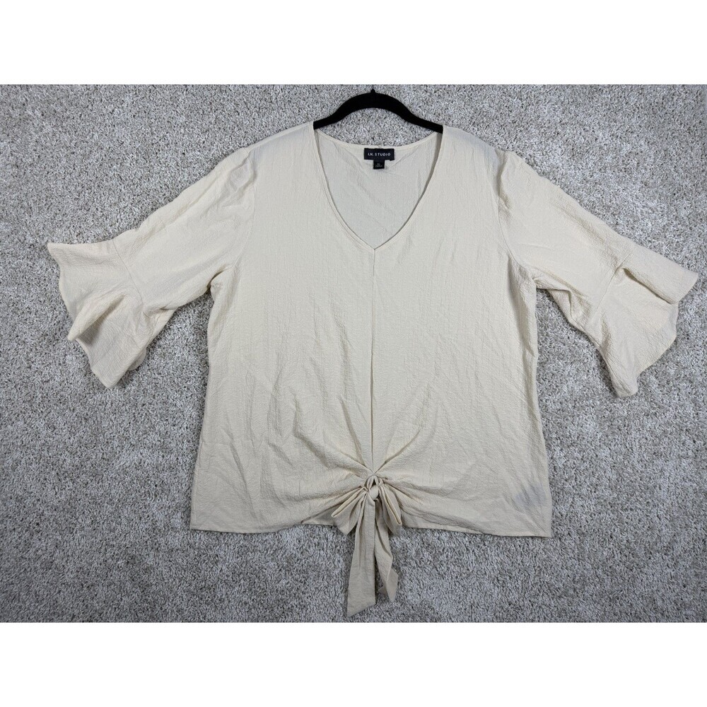 I.N. Studio Womens XL Ivory Tie Front Bell Sleeve V Neck Blouse Top